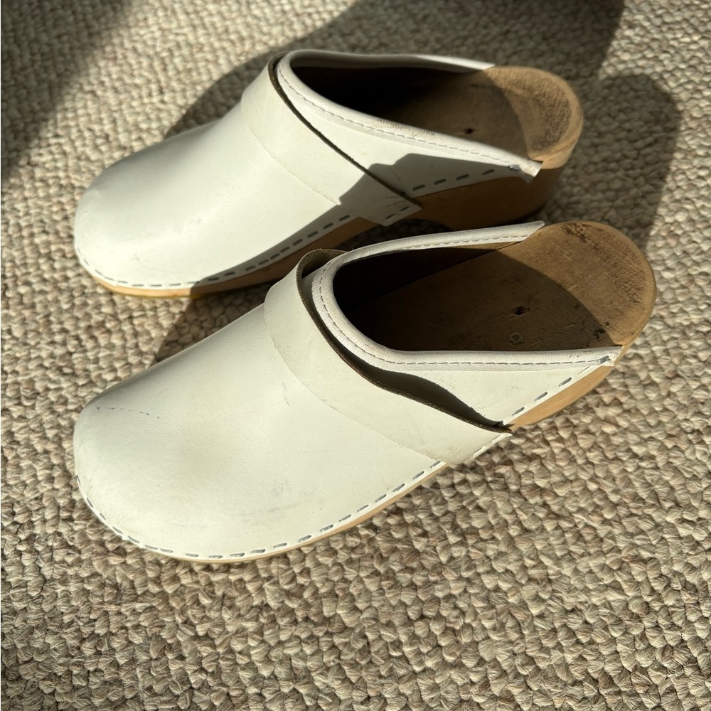 White Leather Wooden Clogs